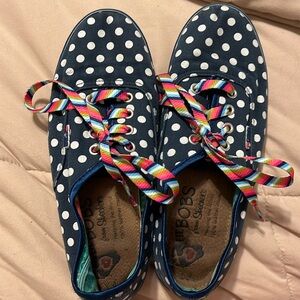 Navy/white polka dot with colorful laces. Little Bobs by Skechers. Size 4.